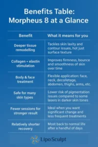 How Often Can I have Morpheus 8? 3 Table showing the benefits of Morpheus 8 treatment from Lipo Sculpt Brighton and Hove