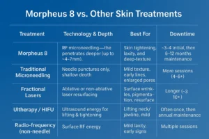How Often Can I have Morpheus 8? 2 Table to show benefits of Morpheus 8 Brighton and Hove compared to other skin treatments